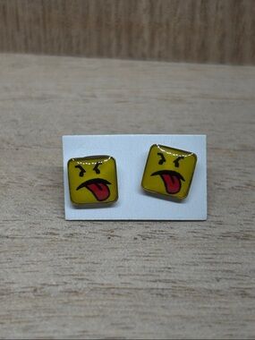 Yellow Emoji Tongue-Out Square Stud Earrings for Kids